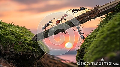 A group of ants working together to build a bridge using a small log between two moss-covered platforms Stock Photo