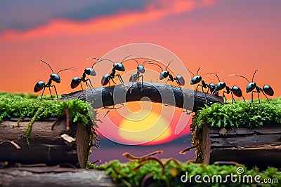 A group of ants working together to build a bridge using a small log between two moss-covered platforms Stock Photo