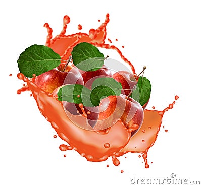 group of apples surrounded by splashes of fruit juice Stock Photo