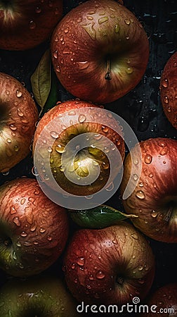 a group of apples with water droplets on them and leaves on the top of them, all in a pile, with a green leaf on top of them Stock Photo