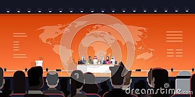 Group Of Arab Business People On Conference Public Debate Interview Over World Map Background Official Meeting Of Arabic Vector Illustration