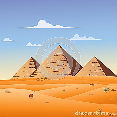 Group of Arab people going through with camels caravan in the desert Vector Illustration