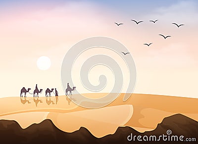 Group of Arab people riding with camels caravan in the desert Vector Illustration