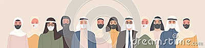 Group of Arab people in traditional Islamic clothing wearing medical masks. Muslim men and women in protected medical Vector Illustration