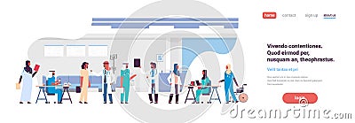 Group arabic doctors hospital communication making scientific experiments diverse medical workers modern clinic interior Vector Illustration