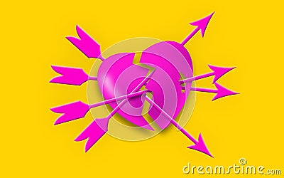 Group of Arrows breaking and crossing a broken Pink heart. many arrow attaching the poor heart. agony and sadness concept. Stock Photo