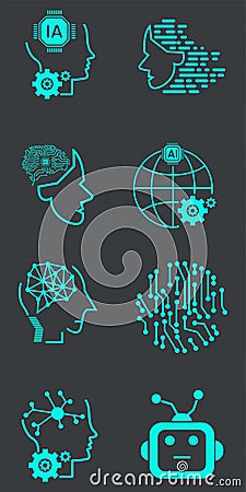 Group of Artificial Intelligence Vector Line Icons Set. Face Recognition, Android, Humanoid Robotic concept vector and Vector Illustration