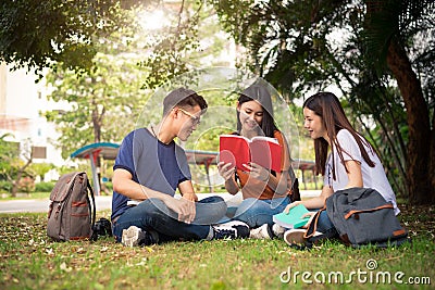 Group of Asian college student reading books and tutoring special class for exam on grass field at outdoors. Happiness and Stock Photo