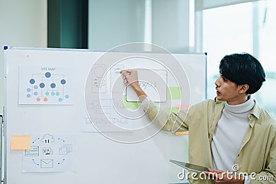 Group of asian creative team programing designers participate in all phases of the UX UI design. Stock Photo