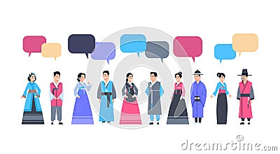 Group Of Asian People In Traditional Clothes With Chat Bubble Women And Men Dressed In Ancient Costumes Communication Vector Illustration