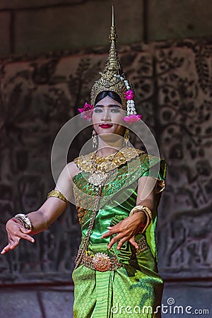 A group of Aspara Dancers were performing at a public perform in Siem Reap,Cambodia. Editorial Stock Photo