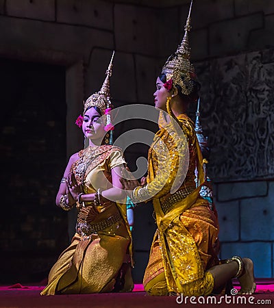 A group of Aspara Dancers were performing at a public perform in Siem Reap,Cambodia. Editorial Stock Photo