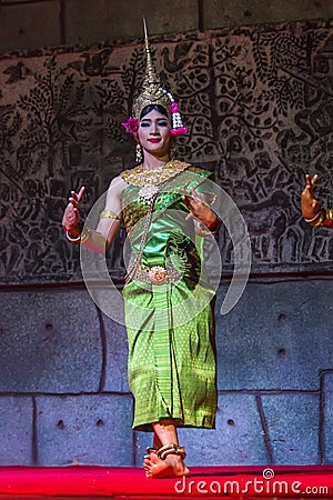 A group of Aspara Dancers were performing at a public perform in Siem Reap,Cambodia. Editorial Stock Photo