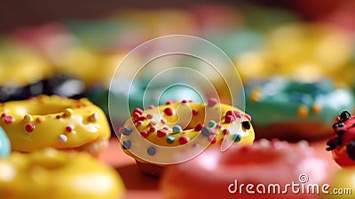 Group of assorted donuts. Chocolate, pink, yellow, green and red on colored background. Stock Photo
