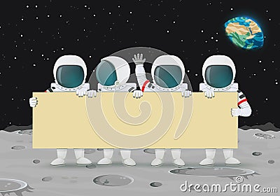 Group of astronauts holding a bid banner standing on a moon surface. Earth and stars in the background. Vector Illustration