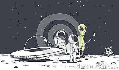 Alien and astonauts photographs himself Vector Illustration