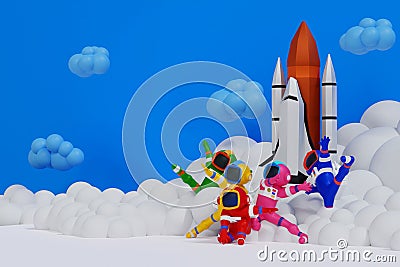 Group of Astronauts posing like superhero team in different poses with space shuttle, science technology space adventure discovery Stock Photo