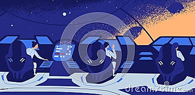 Group of astronauts sitting at control panel during spaceflight vector flat illustration. Male and female crew members Vector Illustration