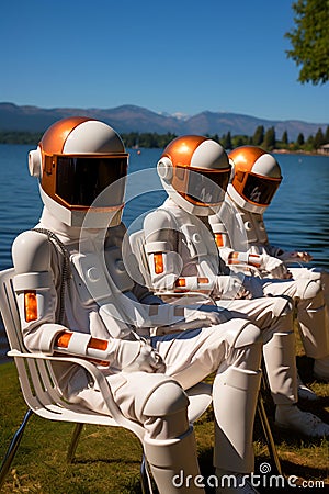 Group of astronauts sitting on top of bench next to body of water. Generative AI Stock Photo
