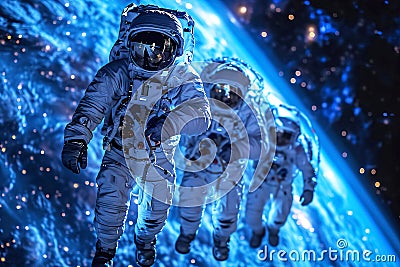 group astronauts in spacesuit hovers in outer space in orbit planet, background of colored constellations. AI generated. Stock Photo