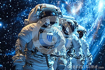 group astronauts in spacesuit hovers in outer space in orbit planet, background of colored constellations. AI generated. Stock Photo