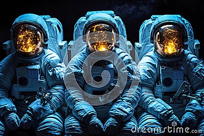 group astronauts in spacesuit hovers in outer space in orbit planet, background of colored constellations. AI generated. Stock Photo