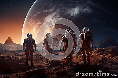 A group of astronauts in spacesuits walk on the surface of the Planet. Space explorers, Galaxies. Stock Photo