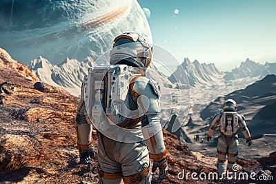 A group of astronauts in spacesuits walk on the surface of the Planet. Space explorers, Galaxies Stock Photo