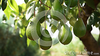 group of avocados hanging on a tree. Fresh avocado plant on tree branch. AI Generative Stock Photo