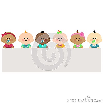 Diverse group of babies and blank banner. Vector illustration Vector Illustration