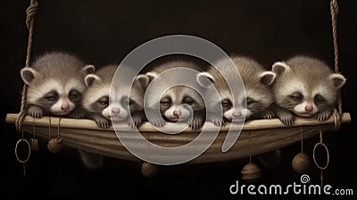 A group of baby raccoons sitting in a hammock Stock Photo