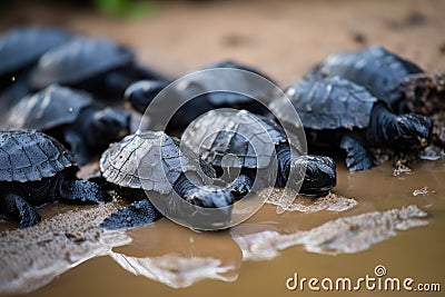 group of baby turtles huddled together, on their journey to the ocean Stock Photo