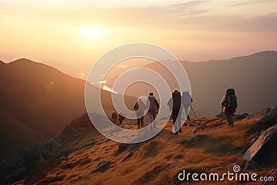 A group of backpackers walking through the mountains at sunset. Stock Photo