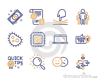 Group, Bacteria and Cpu processor icons set. Quick tips, Elastic and Bitcoin signs. Vector Vector Illustration