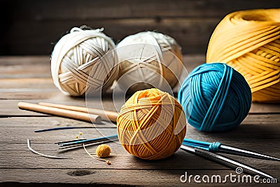 A group of balls of yarn and knitting needles on a table with yarn balls and needles in the middle of the image and a ball of yarn Stock Photo