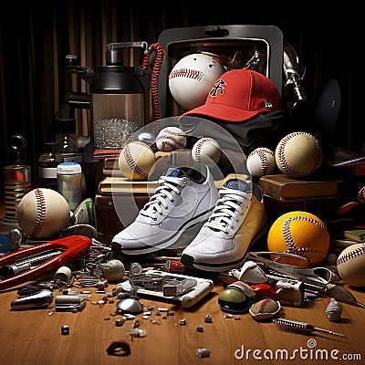 A group of baseballs and other items Stock Photo