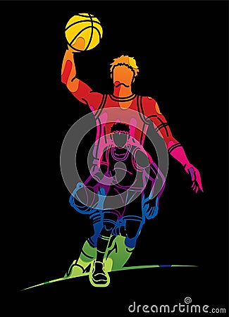 Group of Basketball players action cartoon sport graphic vector. Vector Illustration