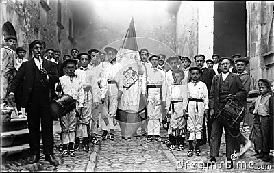 Group of Basque dancers with ikurriÃ±a flag in Elgeta Editorial Stock Photo