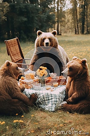 A group of bears sitting around a picnic table. Generative AI image. Stock Photo