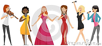 Group of beautiful girls sing song into microphone enjoying karaoke performance, singer having fun Vector Illustration