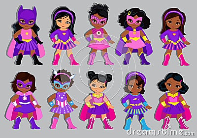 Group of beautiful multicultural girls dressed in suits of superheroes. Vector Illustration