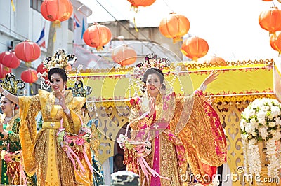 Group of Beautiful woman angel show on parade in Chinese New Year. Editorial Stock Photo