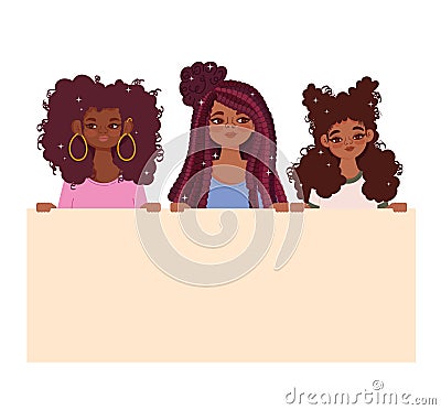 group beautiful young afro women with signboard Vector Illustration