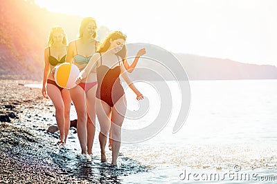 A group of beautiful young women in swimsuits cheerfully and carelessly walk along the water along the seashore. In the background Stock Photo