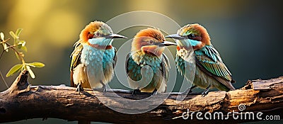 Group of bee-eaters sitting on a branch with pink flowers Stock Photo
