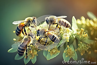 Group of bees on a flower. Honeybees harvesting pollen from blooming flowers. generative AI Stock Photo