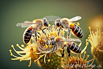 Group of bees on a flower. Honeybees harvesting pollen from blooming flowers, Generative AI Stock Photo