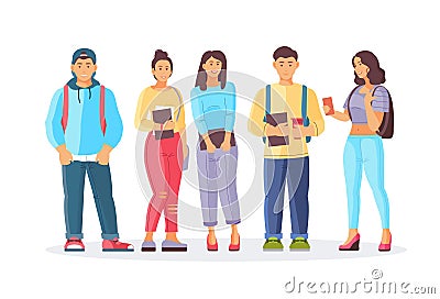 Group best friends, young students smiling teenage boys and girls Vector Illustration