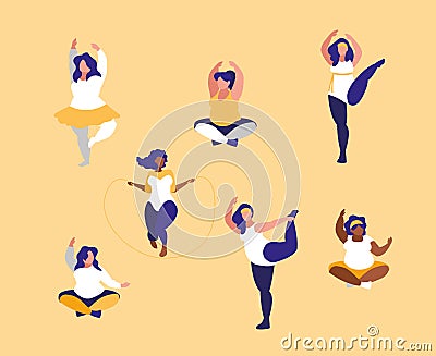 Group of big women exercising body positive power Vector Illustration