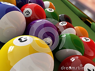 Group of billiard balls with numbers, on green pool table. Stock Photo